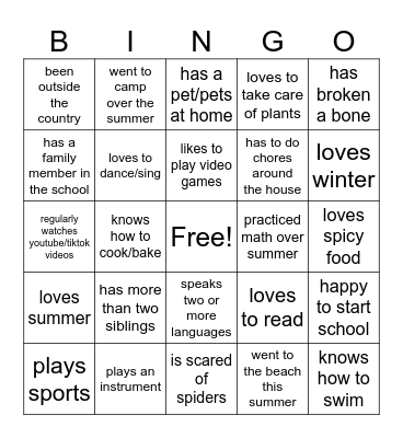 Back to School Bingo Card