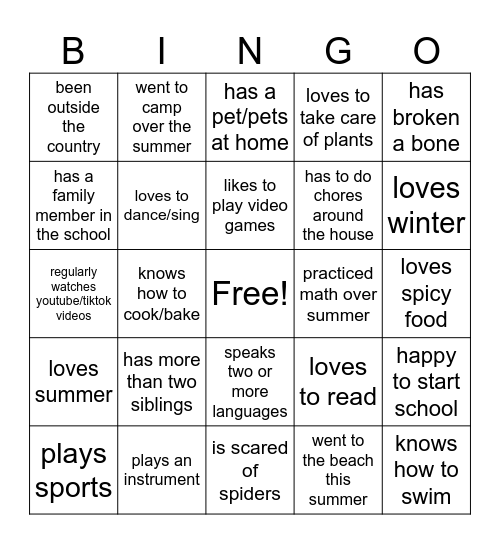 Back to School Bingo Card