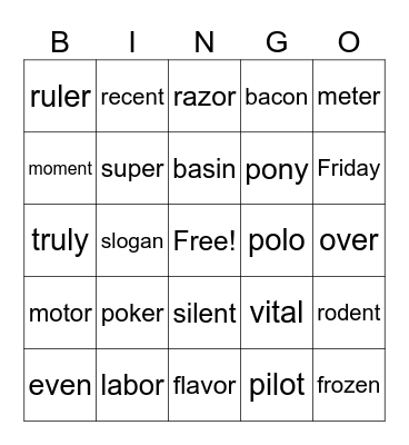 Open Syllable Bingo Card