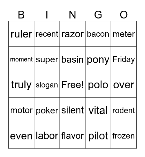 Open Syllable Bingo Card