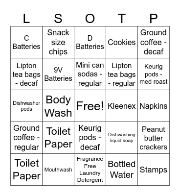 Little Sisters of the Poor Donation Drive Bingo Card