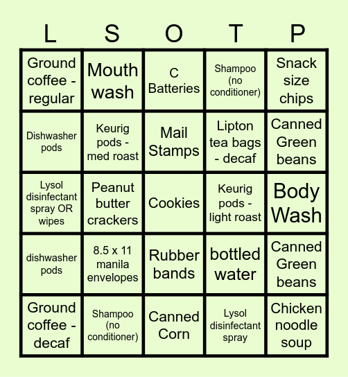 Little Sisters of the Poor Bingo Card