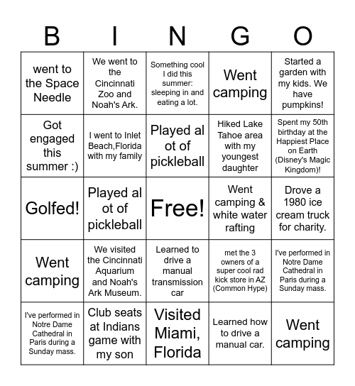 September: This Summer I... Bingo Card