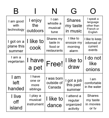 Getting to Know you Bingo Card