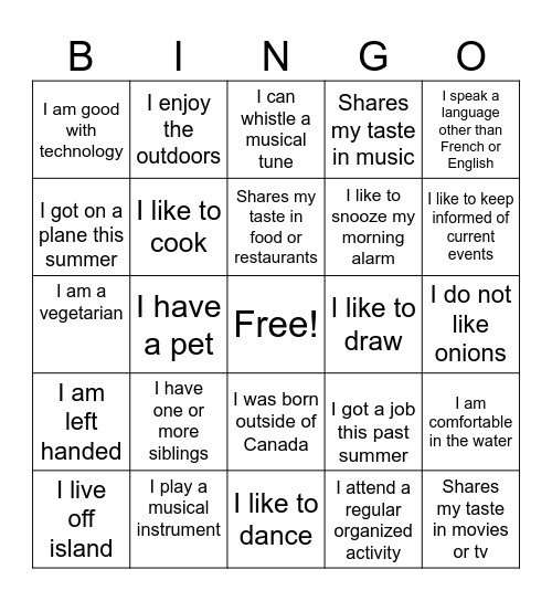 Getting to Know you Bingo Card