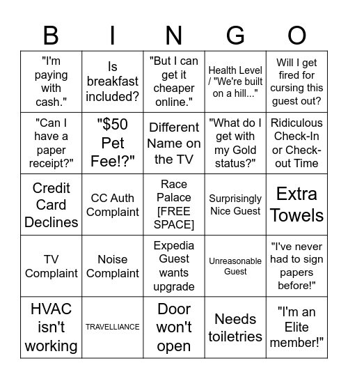 Front Desk Bingo Card