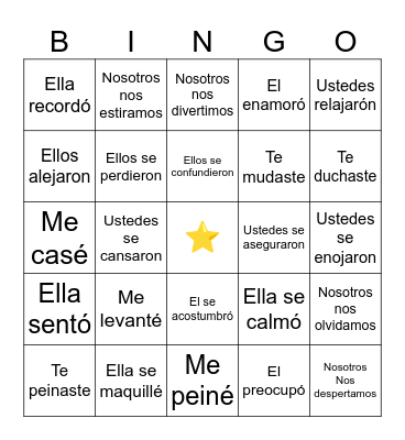 Reflexive Verbs Bingo Card