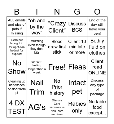 Vet Tech Bingo! Bingo Card