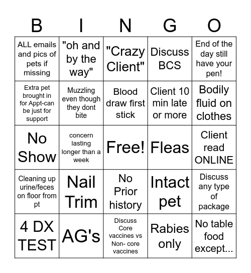 Vet Tech Bingo! Bingo Card