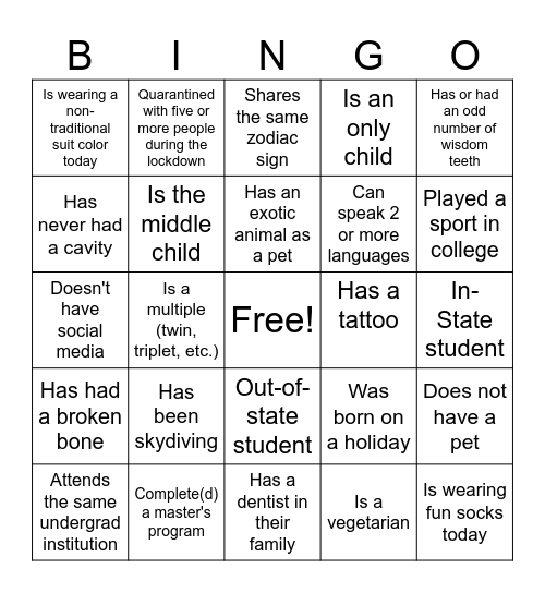 Dental BINGO Card