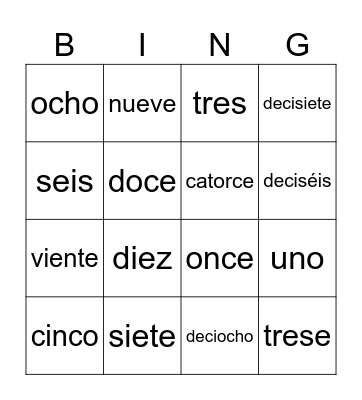 ESPAÑOL NUMÉROS Bingo Card
