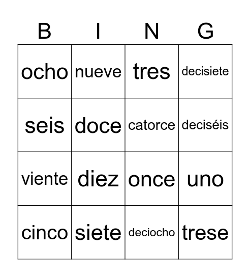 ESPAÑOL NUMÉROS Bingo Card
