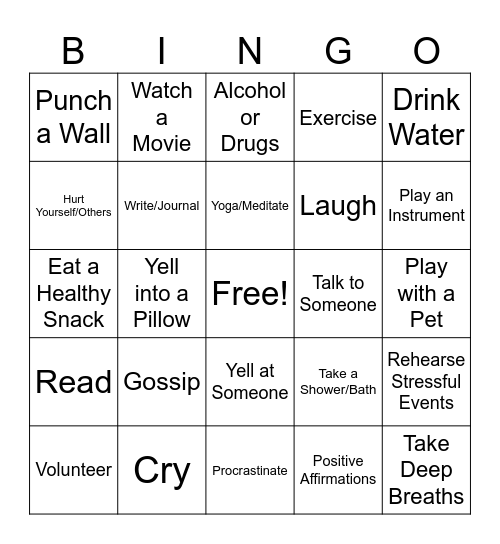 Coping Skills BINGO Card