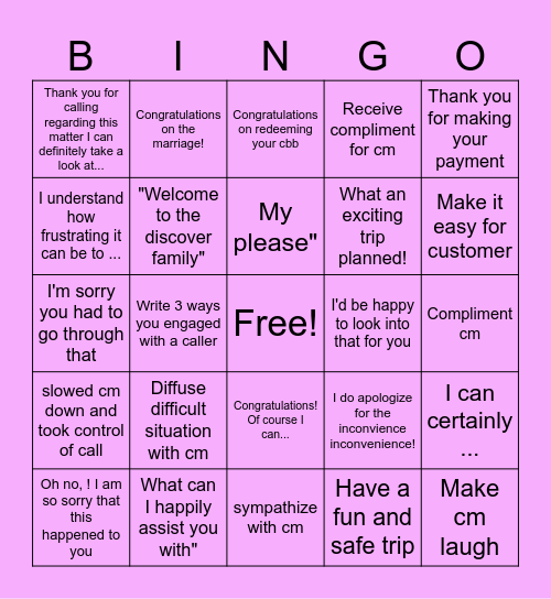 Acknowledgement Bingo Card