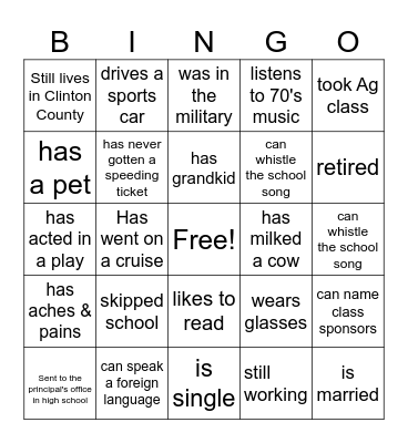 Class of 1978 45th Reunion Bingo Card