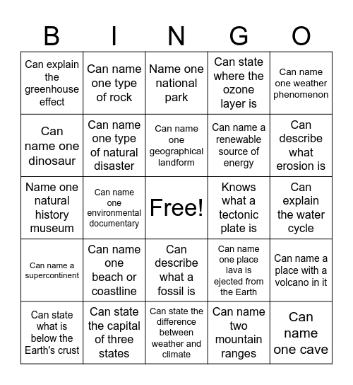 Opening Day Earth Science Bingo Card