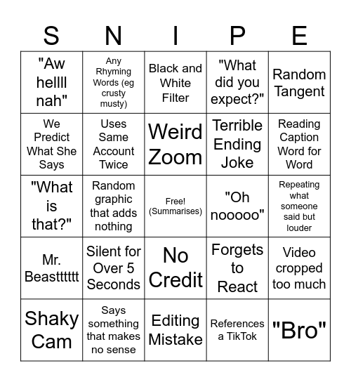 SSSniperwolf Bingo Card