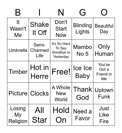 Music BINGO - Hits from 90's to Current Bingo Card