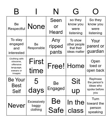 VCMS 2023-2024 Core Values and Rules Bingo Card