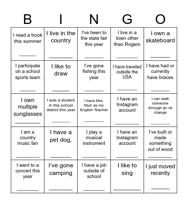 Get to know your classmates! Bingo Card