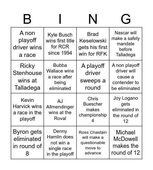 Nascar playoffs Bingo Card