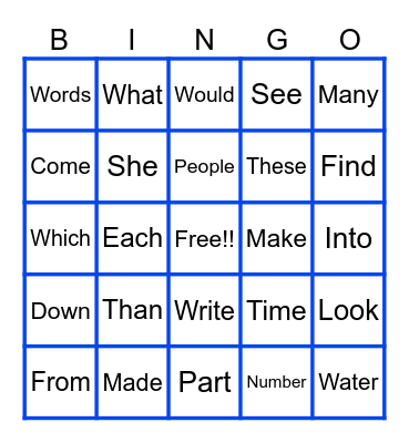 Fry Word Bingo Card