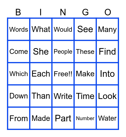 Fry Word Bingo Card