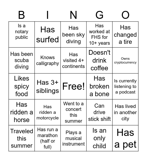 Welcome Back Bingo Card