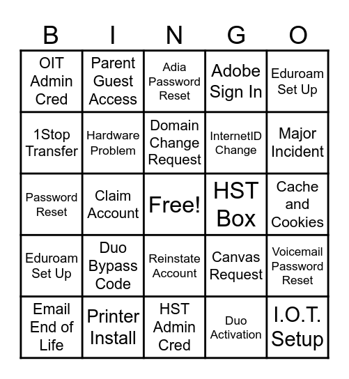 Service Desk Bingo Card