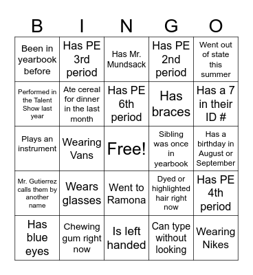 Yearbook Personality Bingo Card