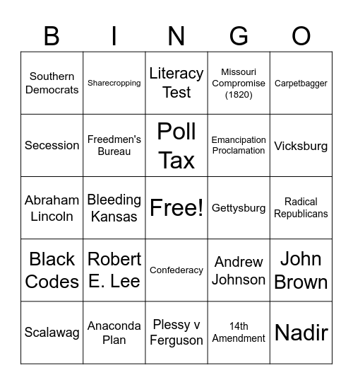 Civil War and Reconstruction Bingo Card