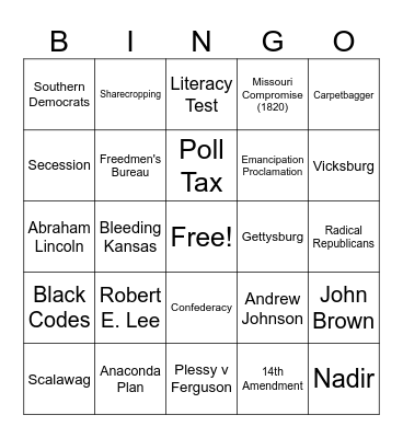 Civil War and Reconstruction Bingo Card
