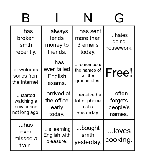 Verbs "Find someone who..." Bingo Card