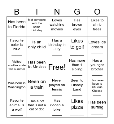 Human Scavenger Hunt Bingo Card