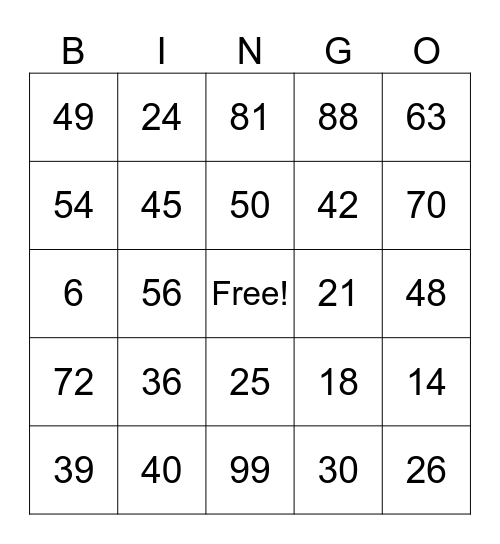 Multiplication Bingo Card