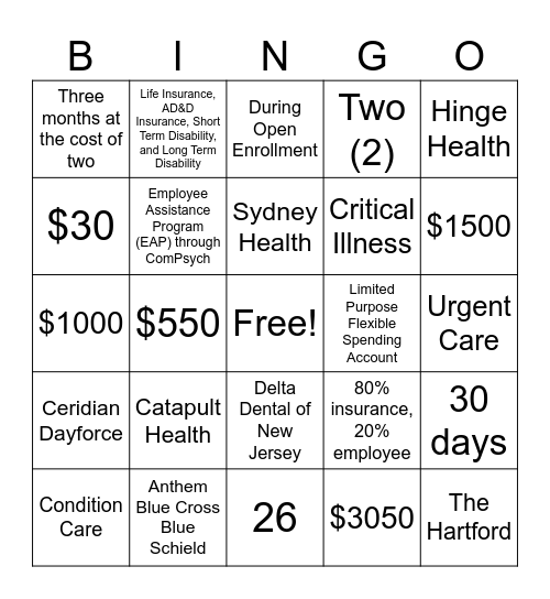 Open Enrollment Bingo Card