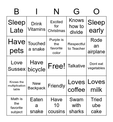 Back to School Bingo Card
