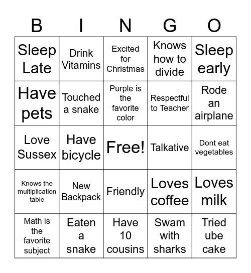 Back to School Bingo Card