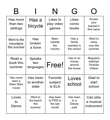 Getting to Know the Class Bingo Card