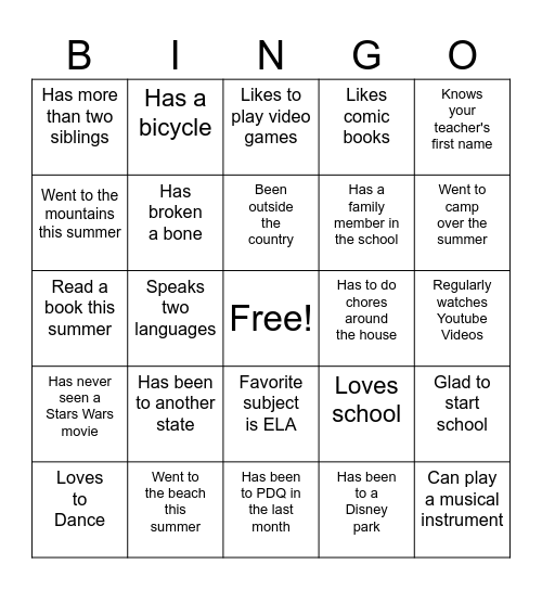 Getting to Know the Class Bingo Card