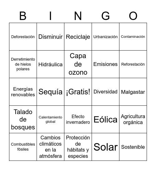 Palabras Ambientales Bingo Card