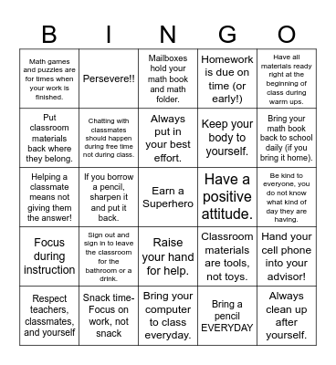 Classroom Expectations Bingo Card