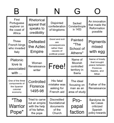 Renaissance Bingo Card