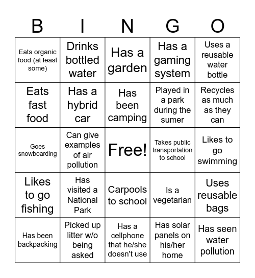 Environmental Science Icebreaker BINGO Card