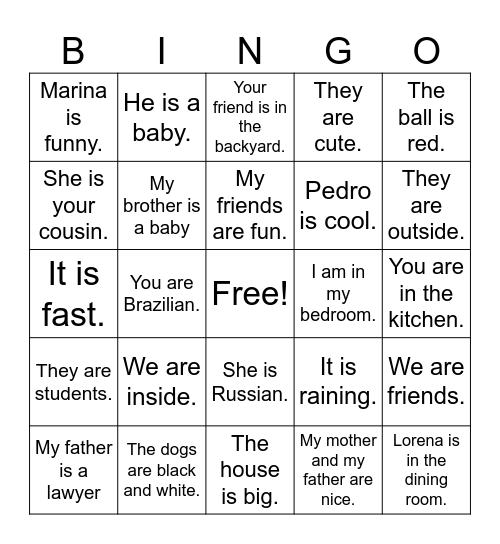 verb to be (affirmative and interrogative) Bingo Card