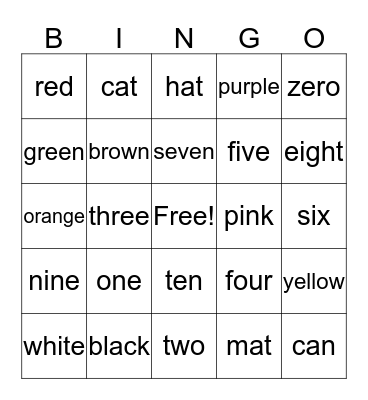 Number Bingo and Colors Bingo Card