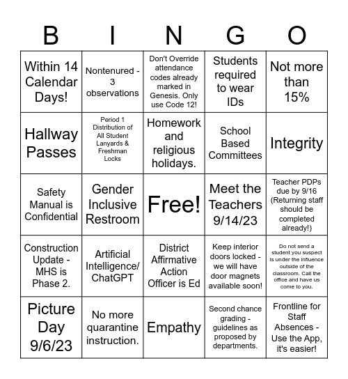 MHS INSERVICE FACULTY MEETING 8/30/23 Bingo Card