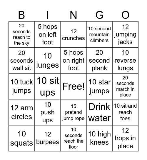 P.E. Bingo Card