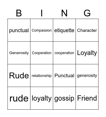 Social Skills Vocabulary Bingo Card