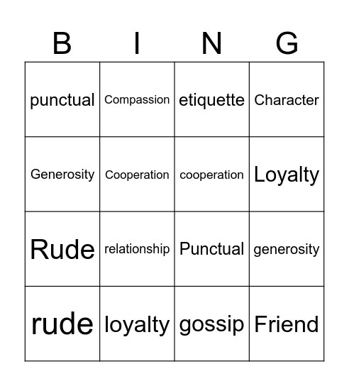 Social Skills Vocabulary Bingo Card